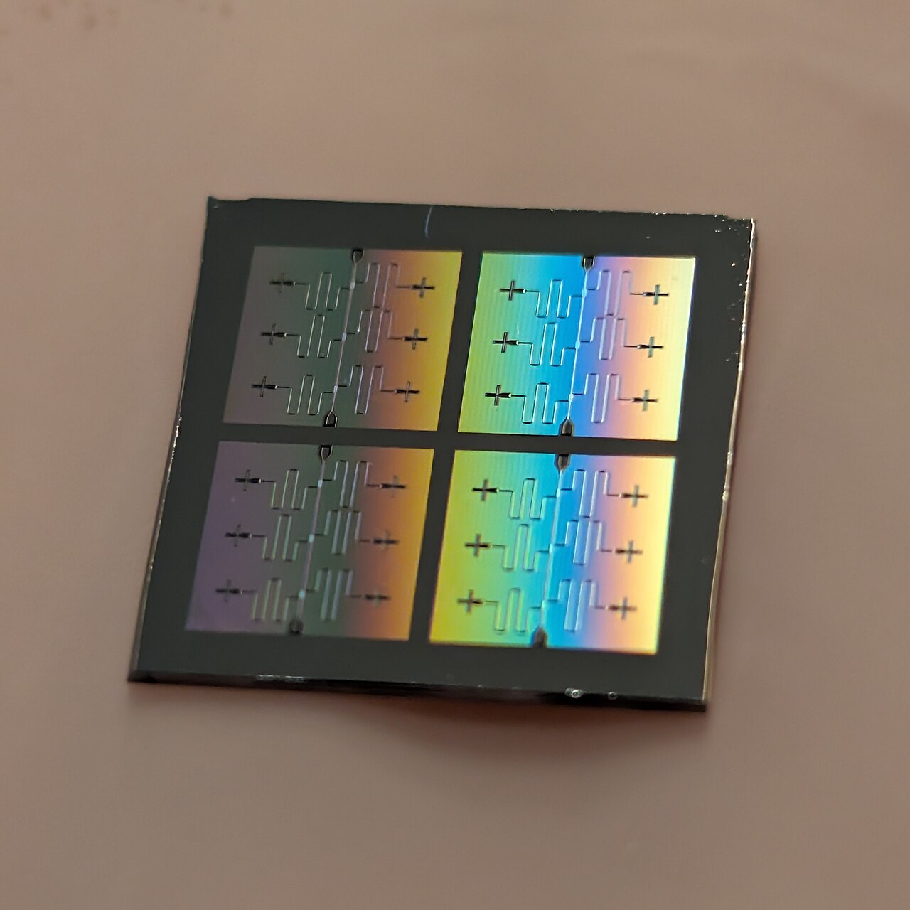 A small square chip with four rainbow-tinted blocks, each holding six cross-shaped qubits joined by zig-zag lines to a central line